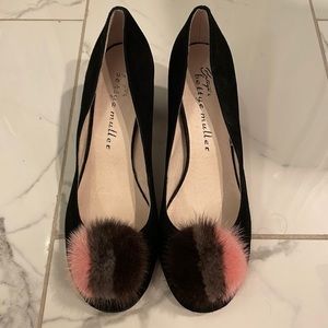 Beautiful black suede pumps with pink, gray and black Pom Pom at the toe